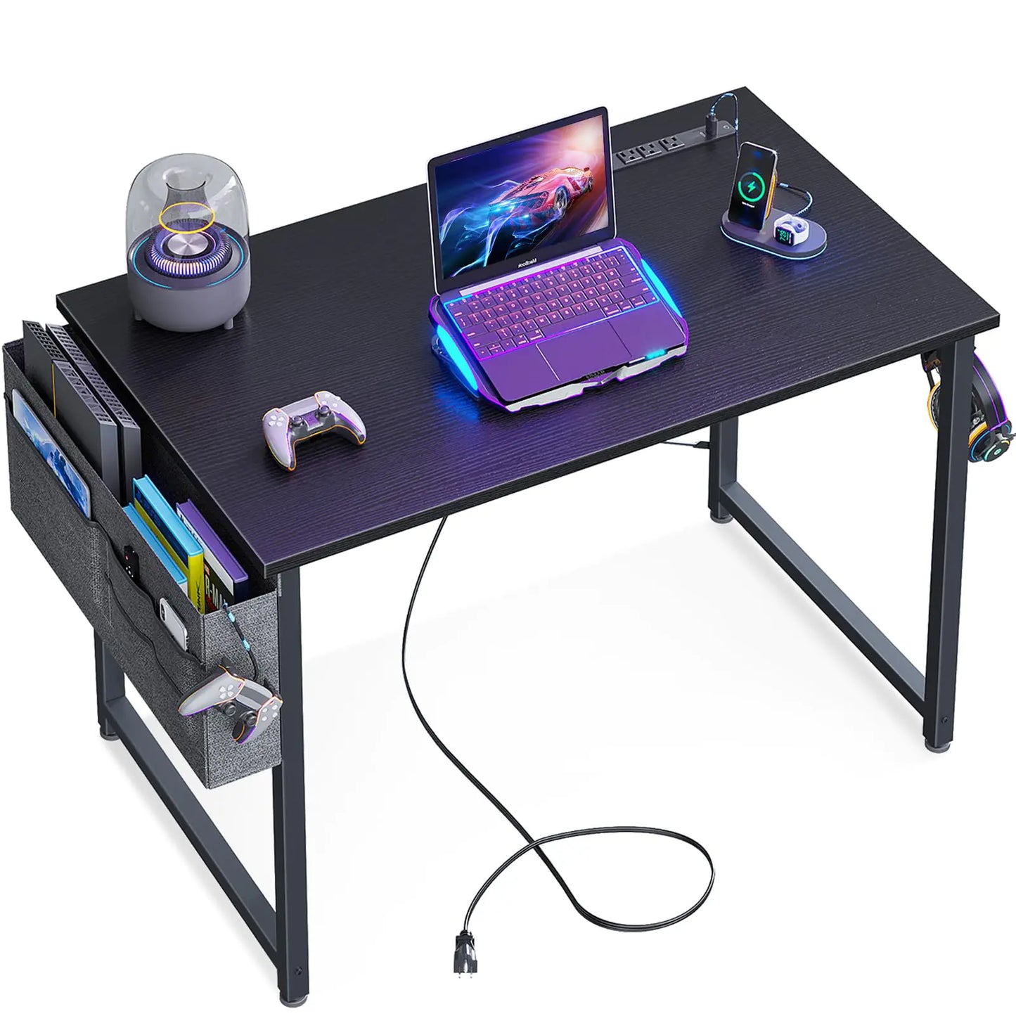 KKL Small Desk with Power Outlets and USB Port Computer Desk for Home Office Gaming Simple Modern Style Writing Desks with Storage Bag Headphone Hook 32 inch Black