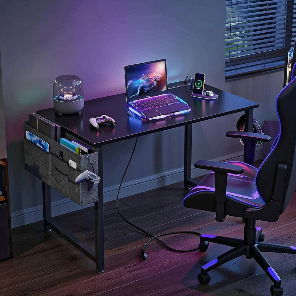 Small Desk with Power Outlets and USB Port Computer Desk for Home Office Gaming Simple Modern Style Writing Desks with Storage Bag Headphone Hook 32 inch Black