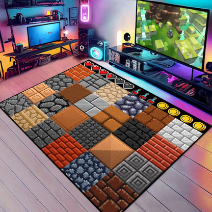 Game Rug Teen Boys Carpet with Pixel Game Floor Wall Element Decoration Mat 8 Bit Old Game Rugs for Boy’s Bedroom Living Room Playroom Non-Slip Children Gaming Area Rugs (79" x 59")