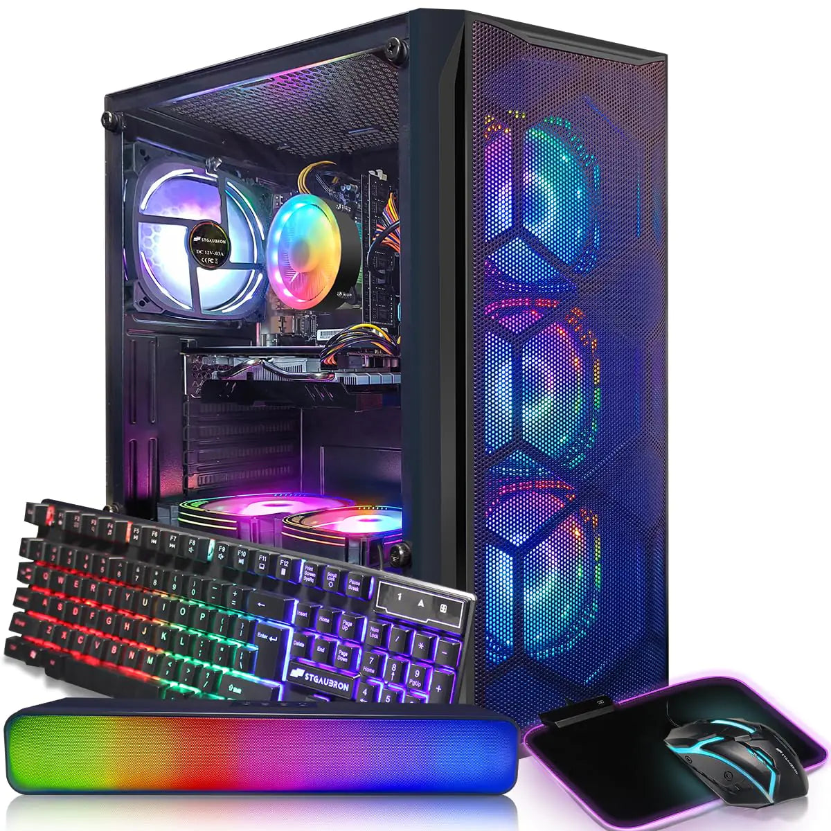 STGAubron Gaming PC Desktop Computer Intel Core I7 up to 3.9 GHz Radeon RX 580 8G 16G RAM 512G SSD WiFi Bluetooth 5.0 RGB Fan x6 RGB BT Sound Bar Windows 10 Home